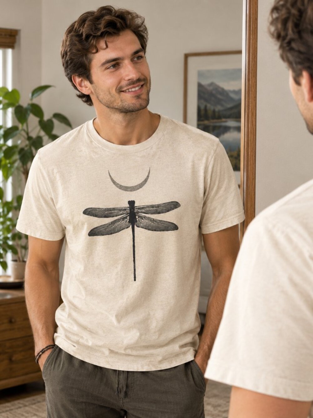 Crescent Moon & Dragonfly T-Shirt | Celestial Graphic Tee | Boho Nature Shirt
